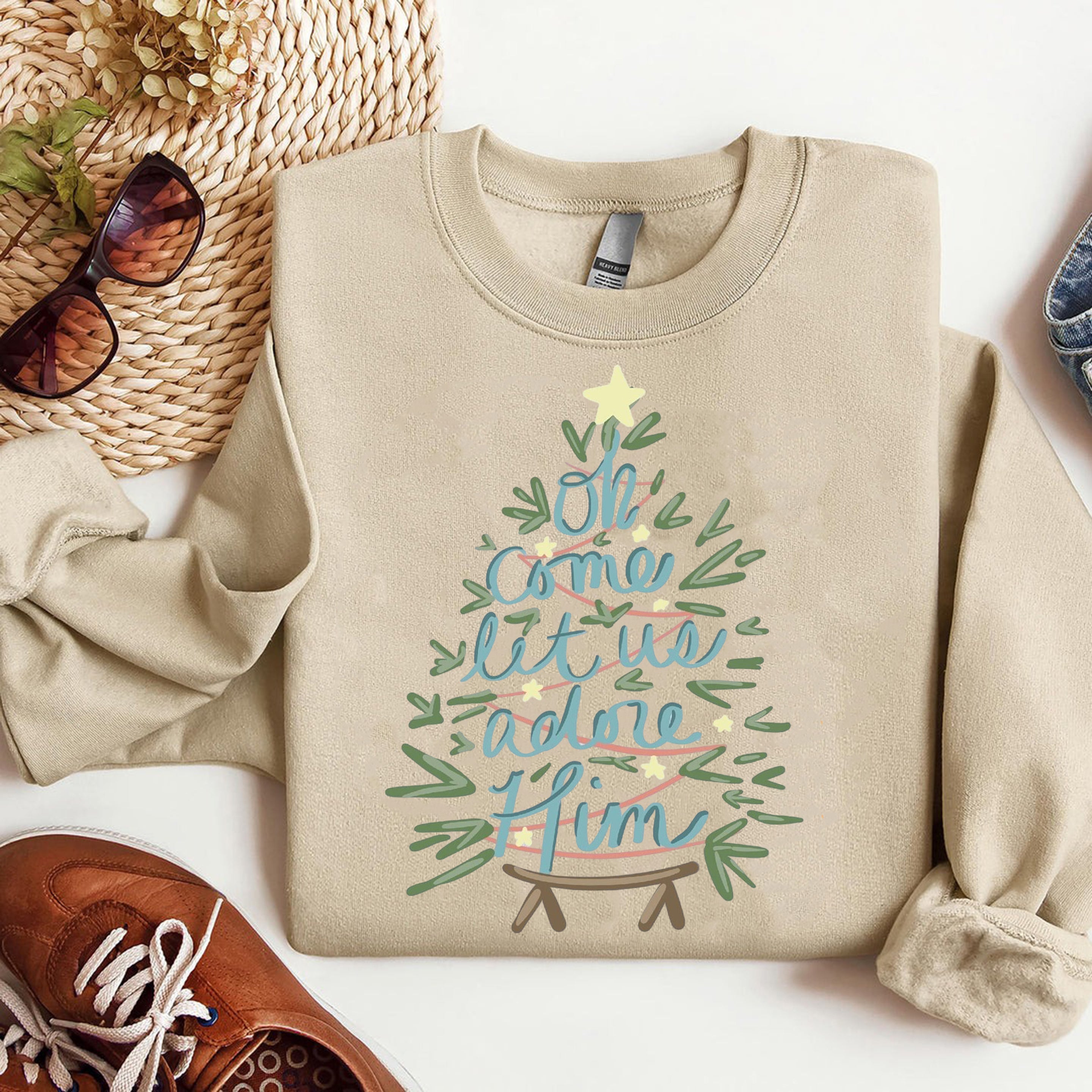 Christian Christmas Sweatshirt, Oh Come Let Us Adore Him Sweater, Religious Holiday Shirt, Faith Based Christmas Outfit for Women Men